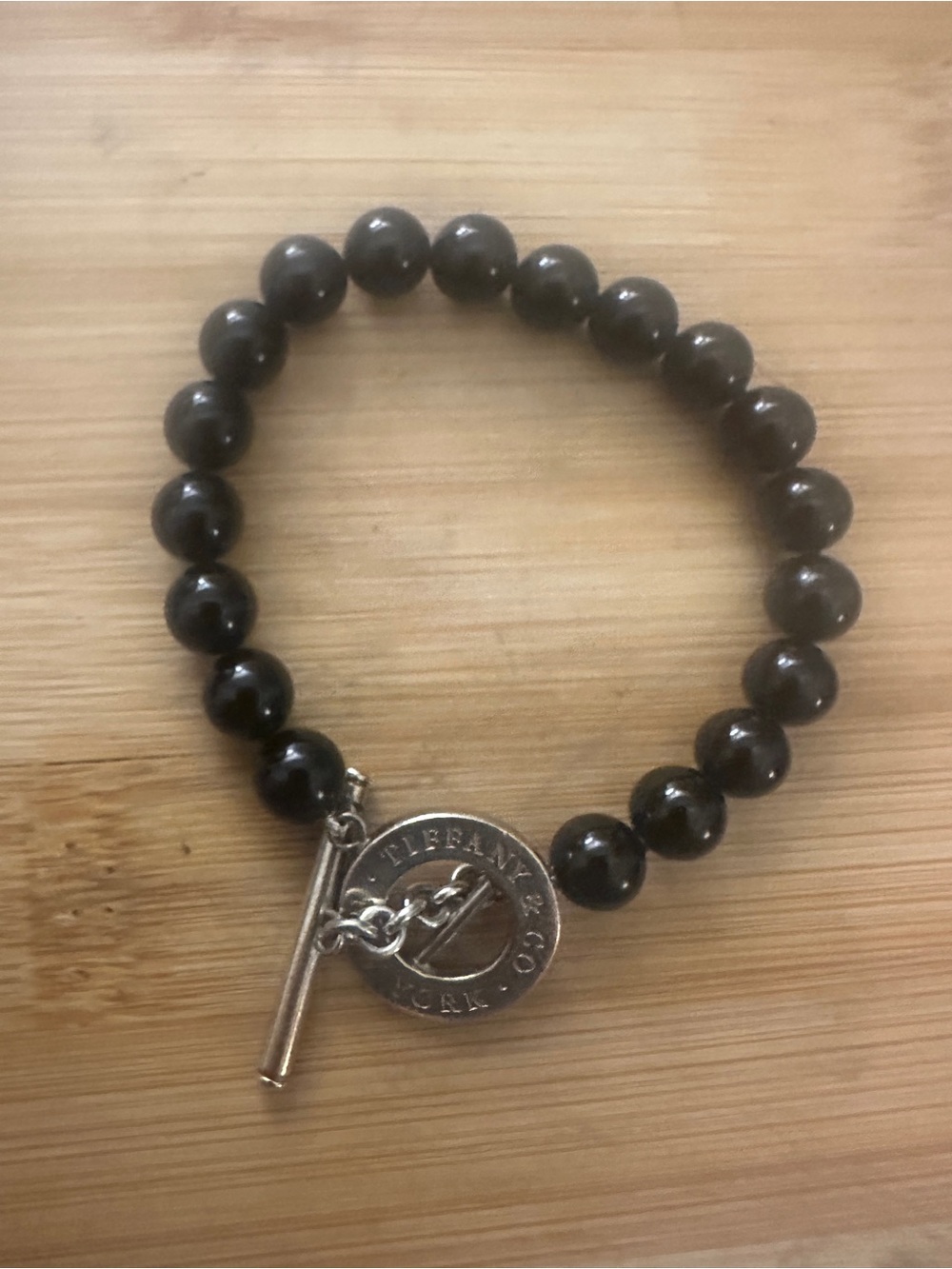 Tiffany and Co vintage black onyx bead bracelet with sterling silver toggle.